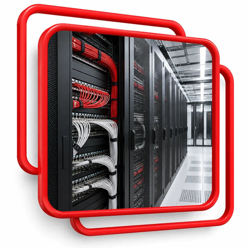 Ilustrasi konseptual infrastruktur server dengan bingkai merah 3D JDN